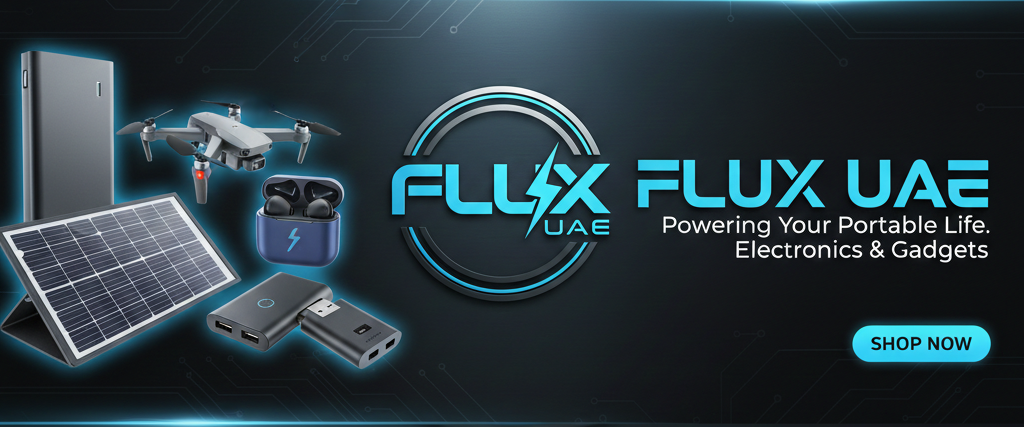 Promotional graphic for FLUX UAE with electronic devices and a shop now button on a dark background.
